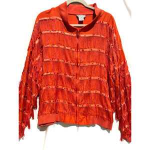 Cowgirl‎ Rock Dance Tassel Fringe studs Jacket top Zip Coral sz L Retro Funky